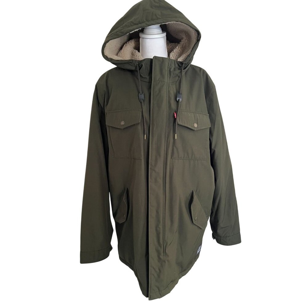 Levis Olive Green Hooded Parka Coat With Sherpa Lining & Front Pockets